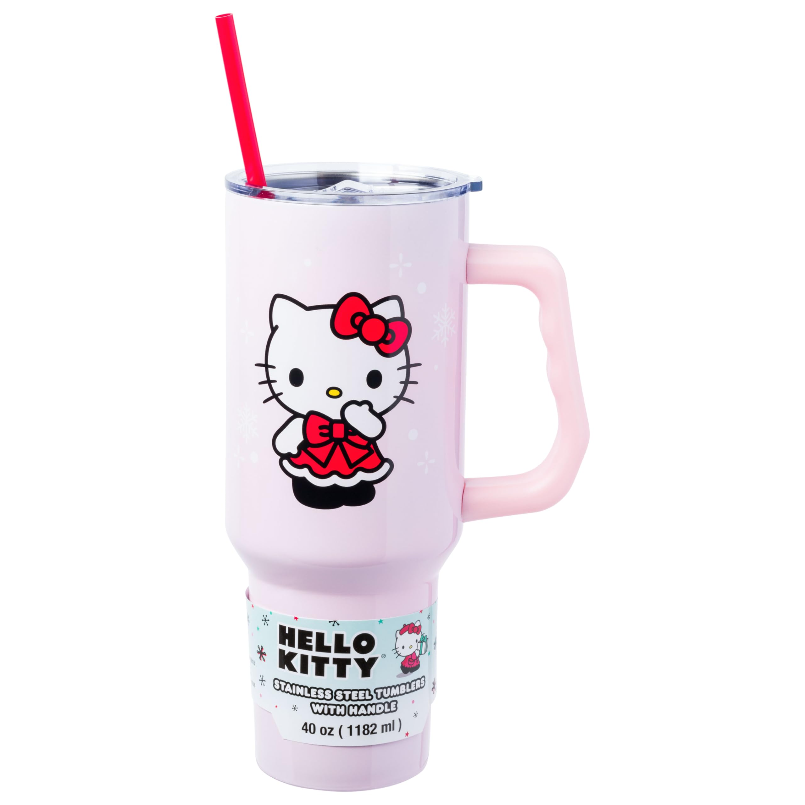 Silver Buffalo Sanrio Hello Kitty Christmas Holiday Dress and Matching Bow Snowflakes Stainless Steel Tumbler with Handle and Straw, Fits in Standard Cup Holder, 40 Ounces