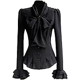 PrettyGuide Women Ruffle Victorian Blouse 50's Retro Silky Bow Tie Steampunk Shirts Tops