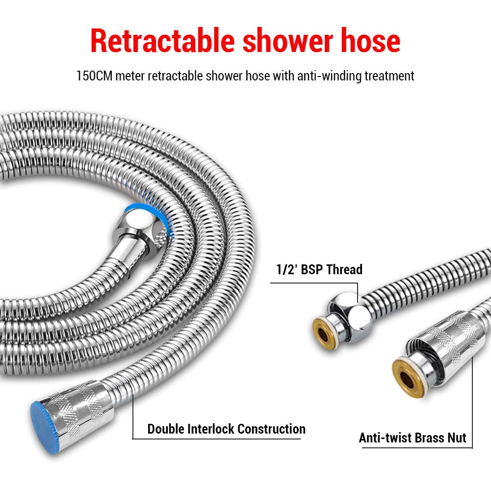 HENZIN Shower Head,High Power Low Pressure Boosting Showerhead 3-Function Water Saving Handheld Chrome Shower Head with Hose and Holder Universal Fitting for Bathroom