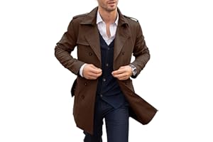 PASLTER Mens Trench Coat Notched Lapel Double Breasted Long Jacket Windbreaker Overcoat Pea Coat