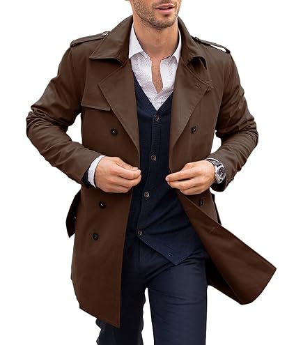 Mens British Style Trench Coat Vintage Windproof Notch Lapel