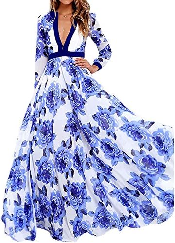 Ccdyrl Women Floral Elegant Deep V Neck Long Sleeve Casual Evening Party Coctail Long Maxi Dress(s)
