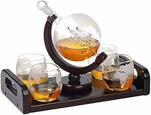 Bezrat Etched Globe Whiskey Decanter Set + 4 Whisky Glasses 10 Oz. on Rich Wood Mahogany Base Tray with 2 Side Handle - Gift Packaging - Antique Ship Whiskey Dispenser for Liquor Scotch Bourbon Vodka