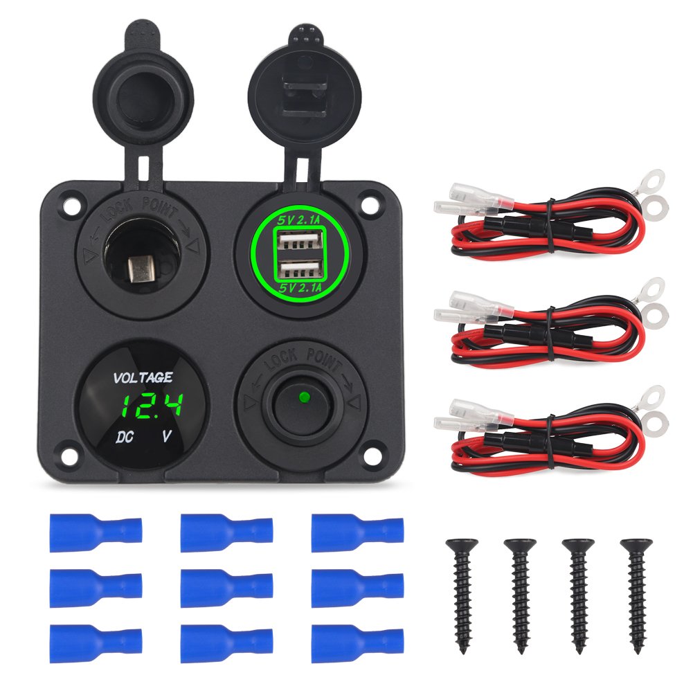 WATERWICH 2 3 4 Hole Marine Illuminated Toggle Rocker Switch Panel Waterproof Ignition Rocker Switch 12V-24V Volt Meter for RV Car Boat Trailer Vehicles Truck Yacht SUV (Two Hole Green)
