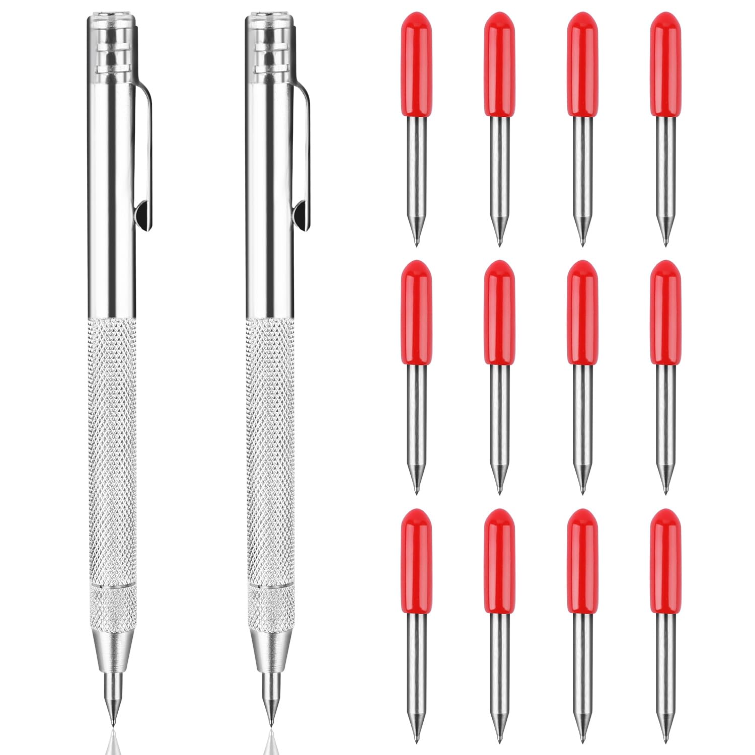 Ezydka Tungsten Carbide Scriber, 2pcs Scribe Tool Etching Pen with Extra 12 Replacement Red Hat Marking Tip, Metal Scribe Pen Tool, Tungsten Carbide Tip Scriber for Glass, Metal Sheet