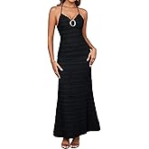 HTZMO Women Elegant Summer Casual Bodycon Maxi Dress Sexy V Neck Halter Ruffle Wedding Guest Formal Long Dresses
