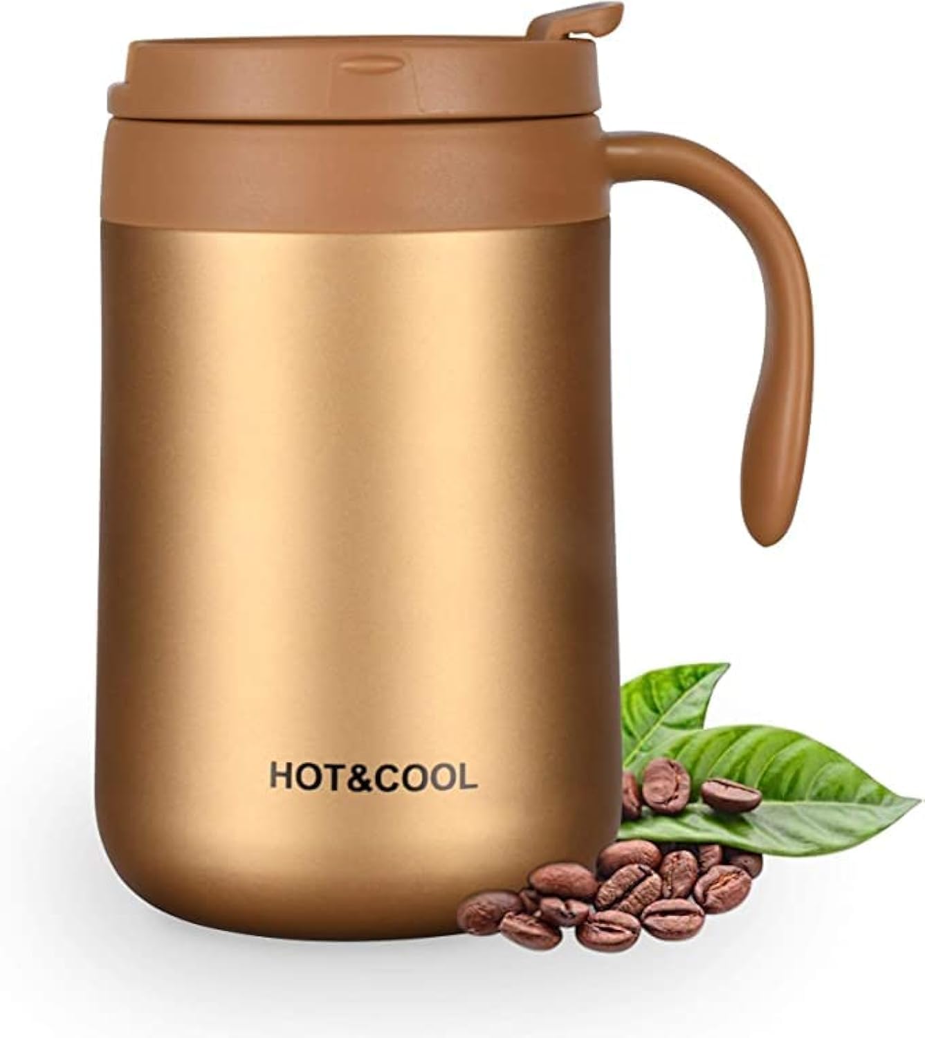 Camako Insulated Coffee Mug with Lid, Double Wall Stainless Steel Thermal Mug for Cold & Hot Drinks, Stainless Steel Reusable Coffee Cup(Golden 500ML)