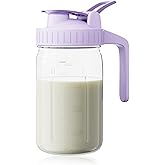 Breast Milk Pitcher, Mason Jar 32 oz, Heavy Duty Wide Mouth Jar with Purple Flip Cap Lid and Pour Spout, Formula Pitcher Airtight Seal for Freshness and Convenience, Great for Cold Beverages