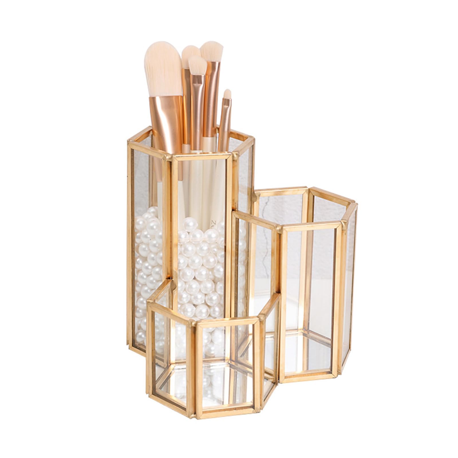 HARLIANGXY Makeup Brush Holder, Glass & Brass Cosmetic Organiser, Storage for Brushes, Eyeliners, Mascara & Pens