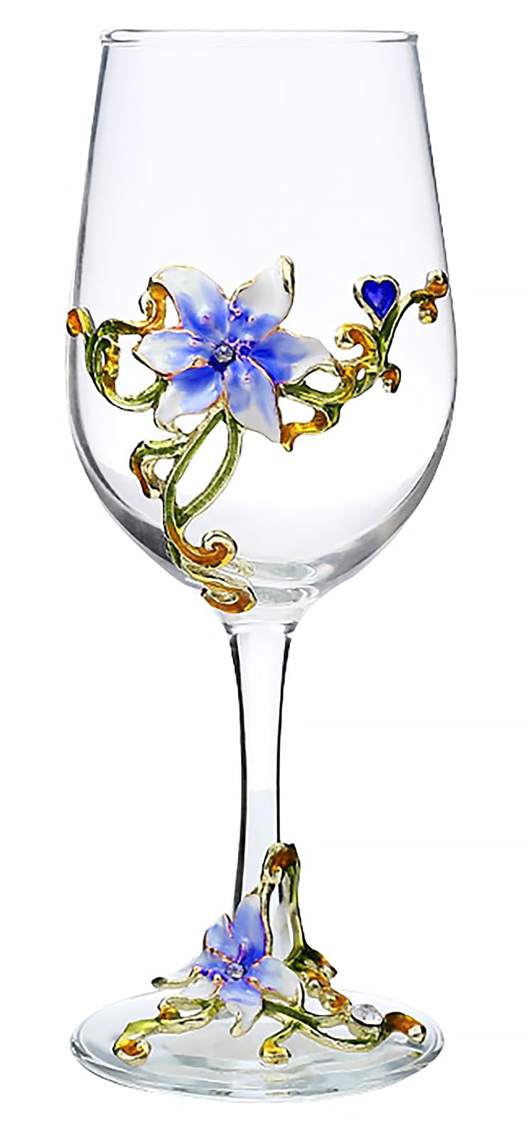 XUDREZ Handmade Painted Enamel Flower Gin Balloon Glass Wine Glass Birthday Gifts for Women Mum Friends Mothers Day, Lead-Free (Blue Lily)