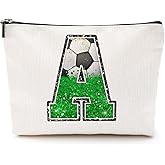 CQM Soccer Gifts Initial Makeup Bag Monogrammed Cosmetic Bag Letter A Zipper Pouch Soccer Accessories for Girls Women Player Coaches Friend Graduation Birthday Gifts