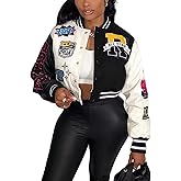 Perbai Women's Cropped Varsity Jacket Colorblock Letter Print Button Down Letterman Bomber Coat with Pockets Y2K Streetwear
