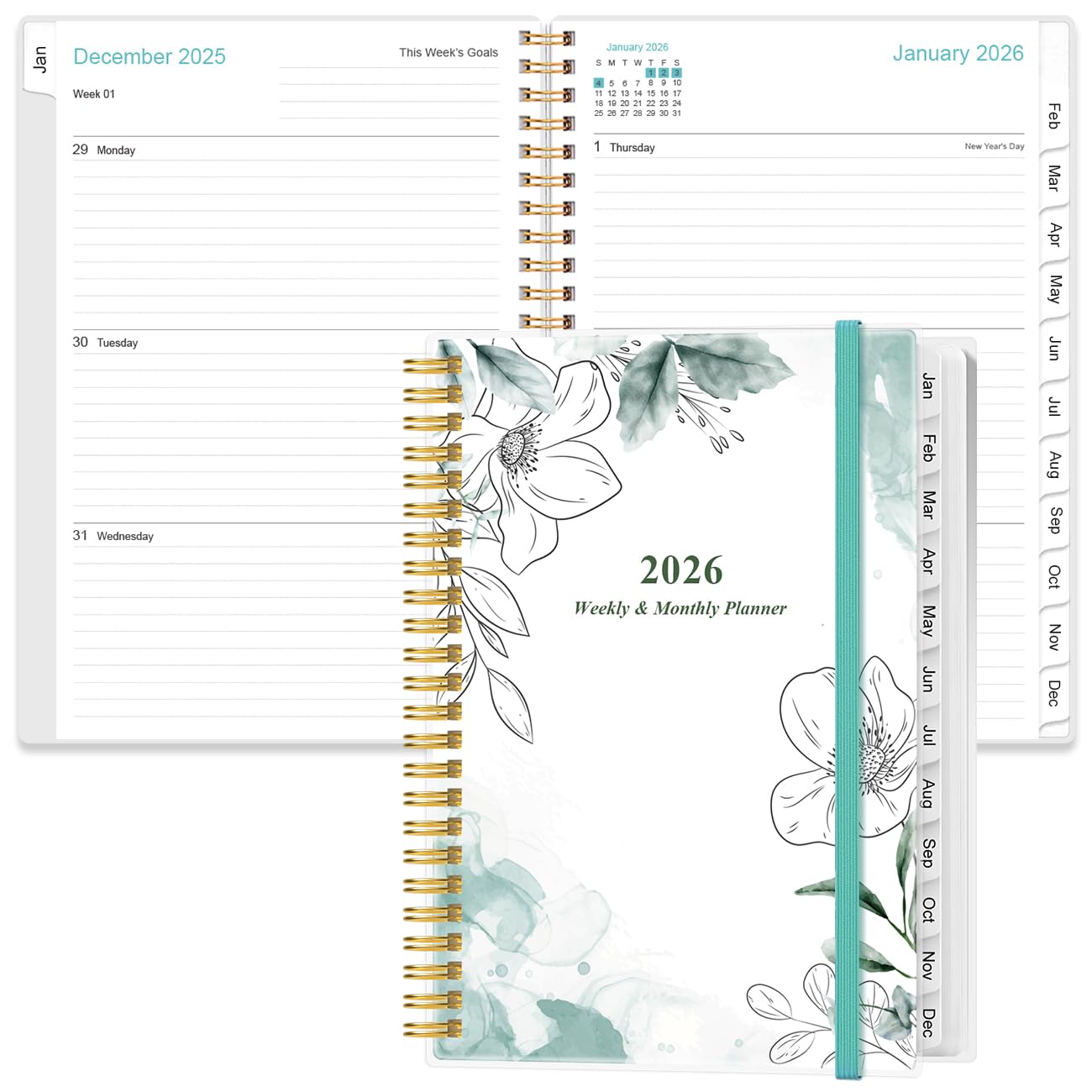 2024-2025 Planner - A5 Weekly & Monthly Planner & Journal to Track Goals, July 2024 - June 2025, Medium 5.8" x 8.5", Teal Floral — image 1