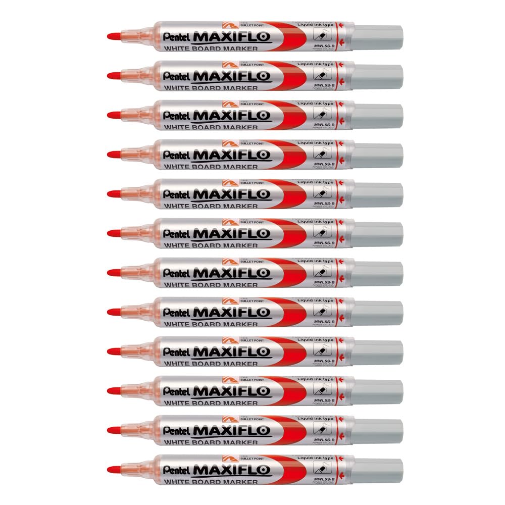 Pentel Maxiflo Whiteboard Marker, Fine bullet point, Red ink, (Pack of 12),MWL5S-B