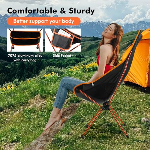 SOPPY 2 Pack Folding Camping Chair Upgraded High Back, Portable Lightweight Folding Camp Chairs with Sided Pocket & Carry Bag for Outdoor Backpacking, Hiking, Travelling, Picnic,Fishing - Orange