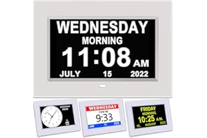 AINFTIME Clock with Day and Date for Elderly-3 Colors Display Digital Calendar Alarm Clock Dementia Alzheimers Clock with Extra Large Display (7in White)