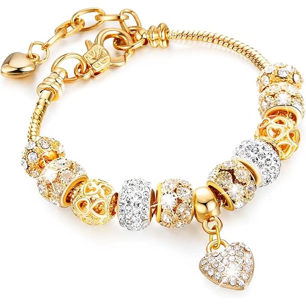 Thai Baht Gold Plated Heart Charm Bracelet – 24K Yellow Gold Tone, Women's Jewelry
