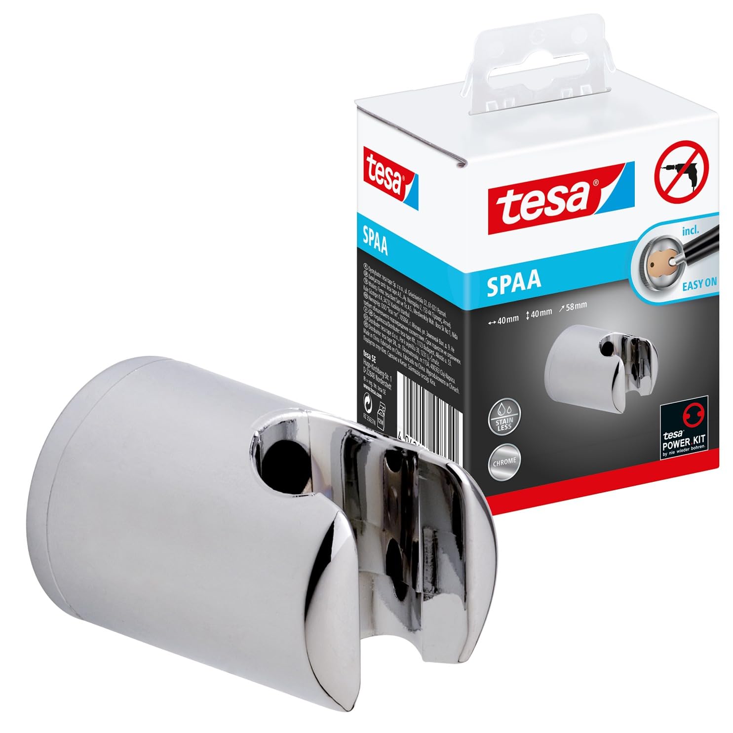 tesa UK Spaa shower head holder, chromed plastic, self-adhesive, adhesive mounting technology, Clear, 6.5 x 7 x 8.5 cm, (40343-00000-00)