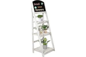 ACEHOME Chalkboard Display Ladder Shelf, Decorative Bookshelf, 3-Tier Wooden Plant Shelf Rack with Chalkboard Stand, Free Standing Easel Bookshelf, for Balcony, Living Room, Pub, Cafe Shop, White