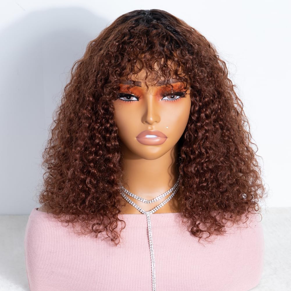 JOEDIR HAIR Short Curly Wig with Bangs Ombre Brown Water Wave Bob Wig, Human Hair for Black Women, 14 inch, 150% Density, Glueless (Color: TT1B/33)