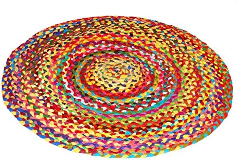 Virasat Hand Woven Reversible Cotton Multi Chindi Braid Rug - 28 inch Diameter-This Rug is made from multi color re-cycled yarns, actual product may vary in color from the image shown