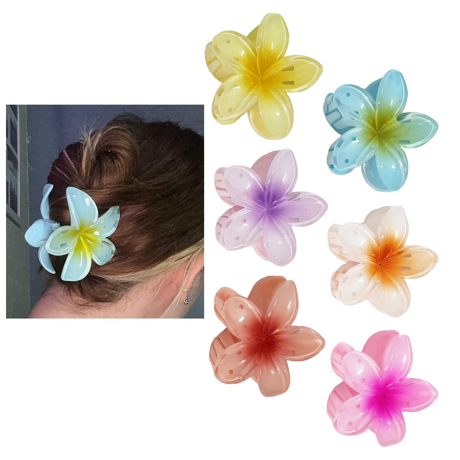 Yocuzee 6 Pieces Flower Hair Clips, Acrylic Cute Hair Claw for Women, Large Hair Clamp for Thick Hair, Strong Hold Barrette for Women Girl Gifts