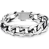 COOLSTEELANDBEYOND Mens Stainless Steel Cuban Link Bracelet Curb Chain, Polished Silver Color, Box Clasp, Hip-Hop Biker