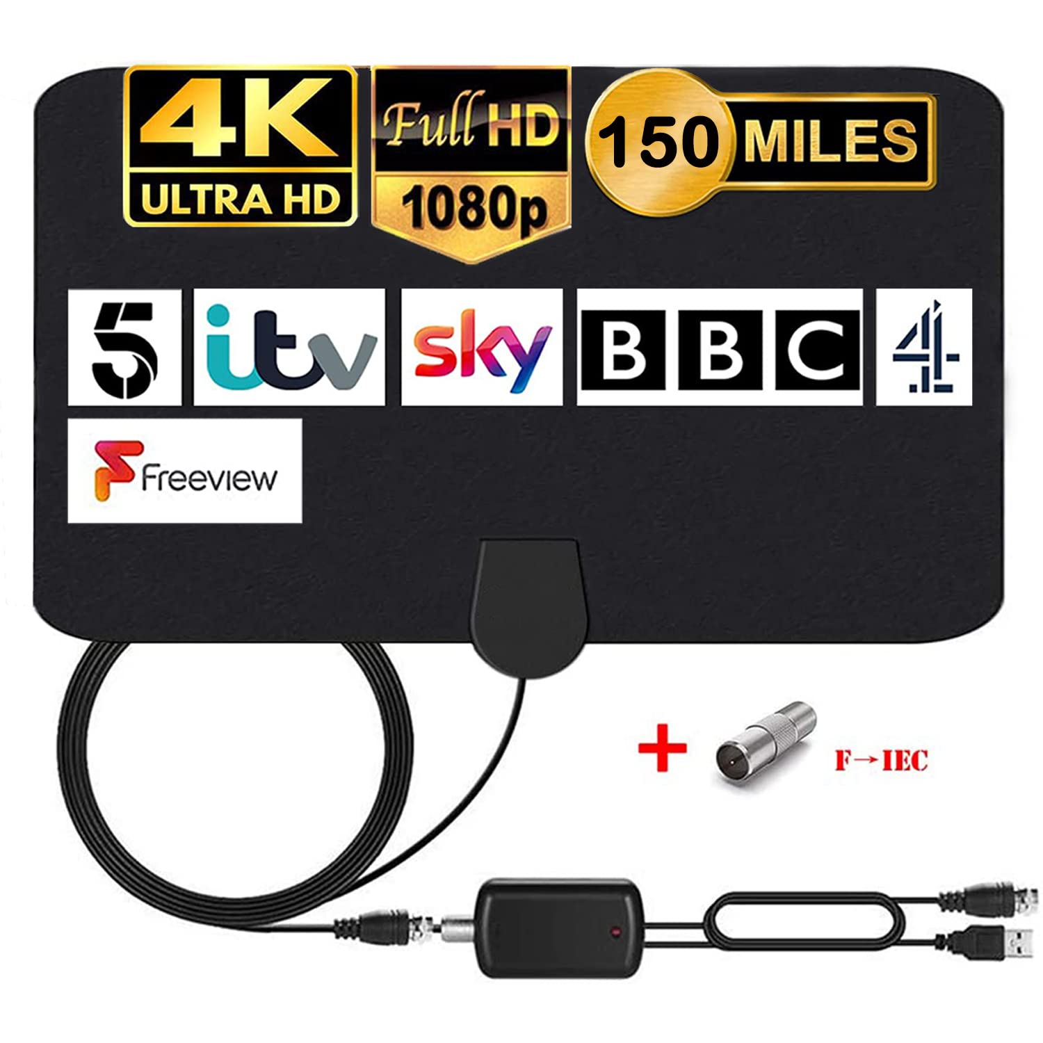 MILIWAN Indoor TV Aerial 150 Miles Digital HDTV Antenna with Amplifier Signal Booster Freeview TV Antenna VHF UHF 4K 1080P for Local Channels Support ALL Television - 12.2FT Coax Cable