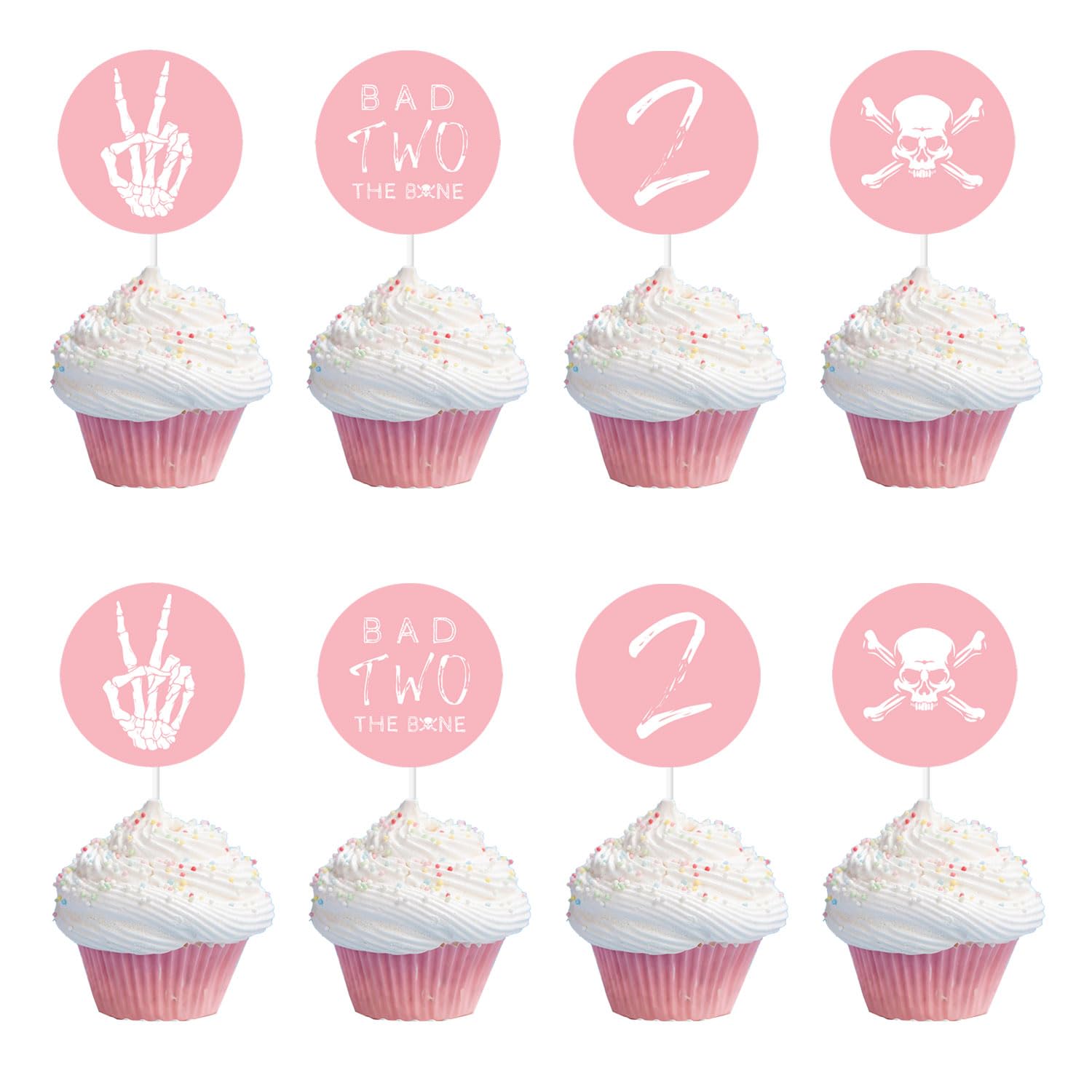 Photo 1 of 24pcs Bad Two The Bone Cupcake Toppers, Rock Themed 2nd Birthday Decorations, Bone Skull Second Birthday Party Decor, Rock n Roll Music Theme 90s Birthday Party Supplies Pink