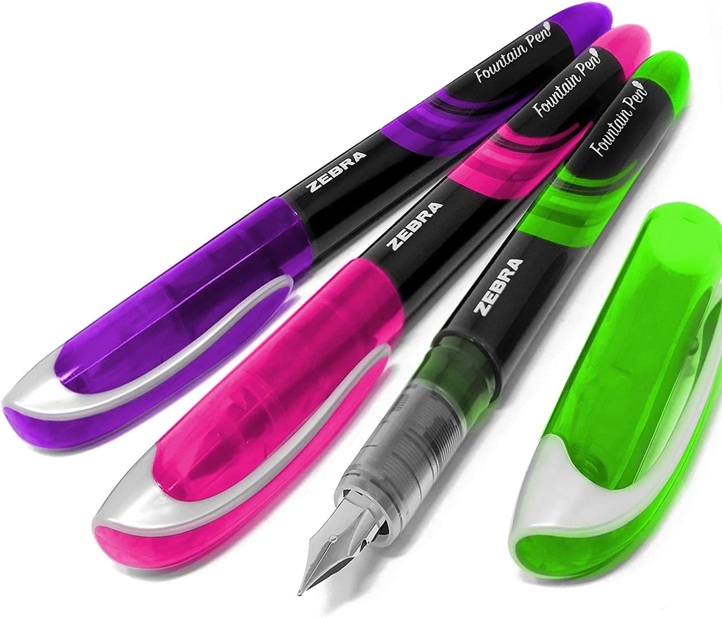 Zebra Fuente - Disposable Fountain Pen - Teachers Set - Coloured Ink - Green, Pink, and Purple