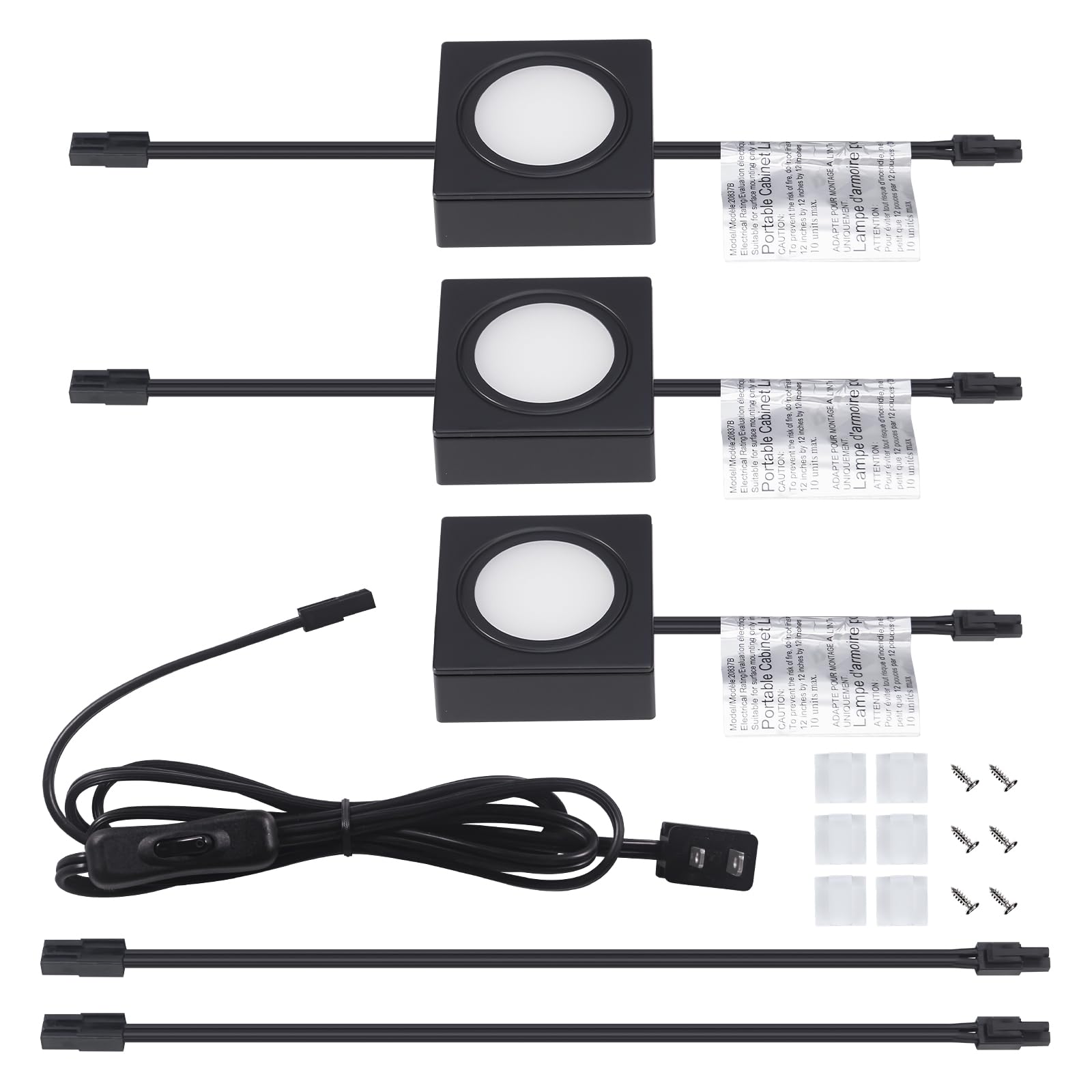 Photo 1 of LUMILAND Wired LED Puck Lights Square 2.68" Wide 3000K, 120V Plug-in or Hardwired Installation with Recessed or Surface Mounted, Black, Set of 3