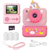 Kids Instant Print Camera, 2.4" HD Screen Instant Camera, Dual 3MP Kids Camera, 1080P Video, MP3 &amp; Games, Includes Printing Paper &amp; Lanyard, Gift for Boys &amp; Girls (Pink-Black and White Printing)