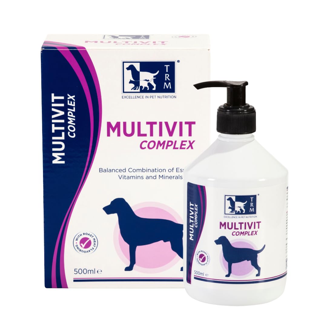 TRM PET Multivit Complex (500ml). Balanced complementary feed containing essential vitamins and minerals needed for general good health, energy and vitality and is suitable for all breeds and ages.