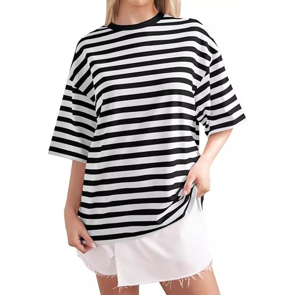 Women Oversized Striped Shirt Black Color Block Short Sleeve