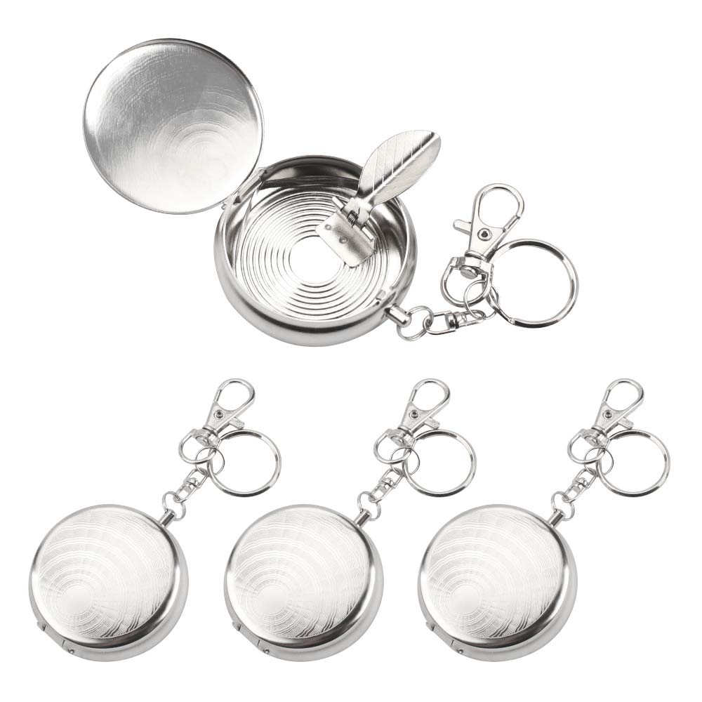Huayue 4pcs Portable Cigarette Ashtray, Mini Ashtray with Key Ring, Stainless Steel, Anti-Odour, Silver, S