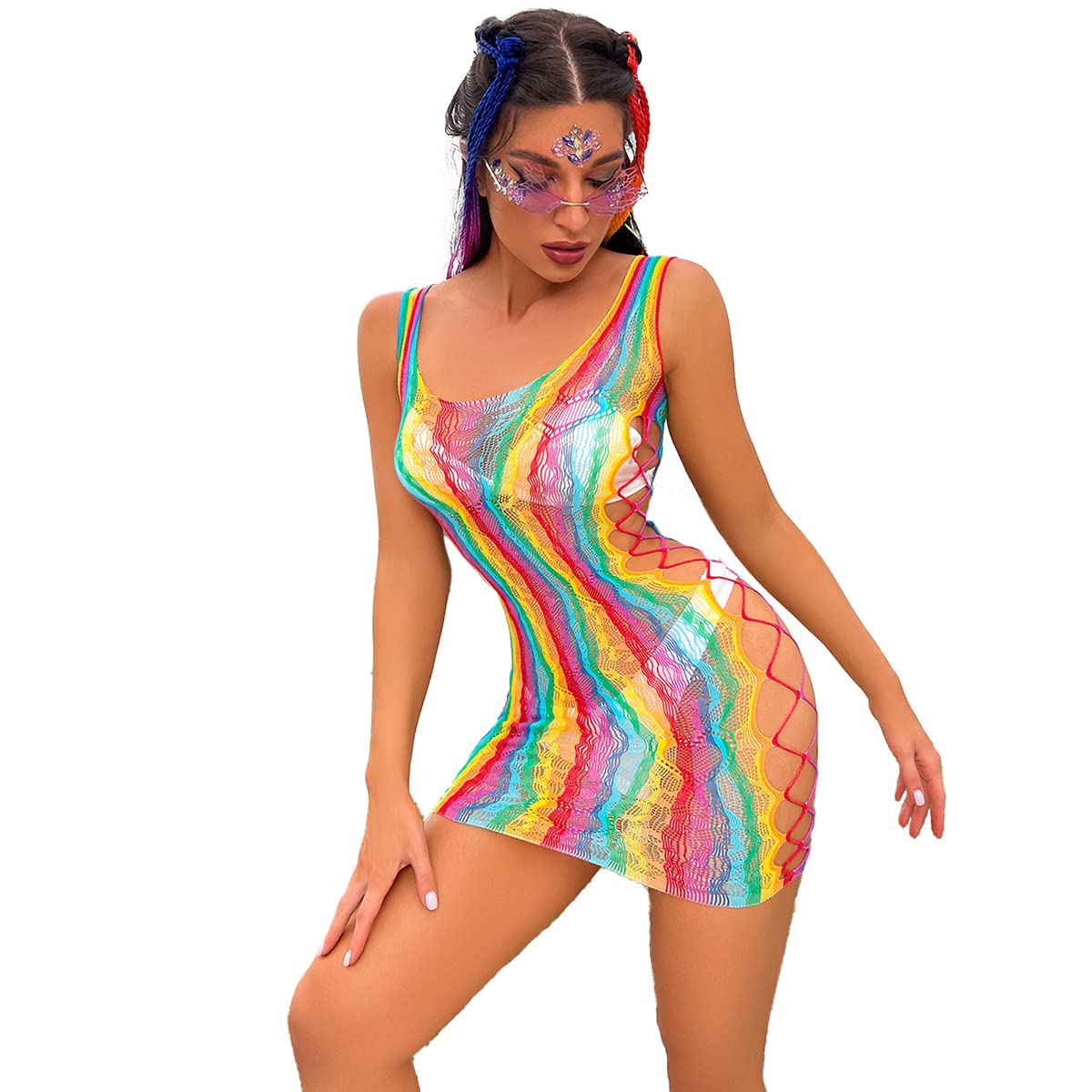 Photo 1 of Womens Rainbow Fishnet Rave Festival Outfits Bikini Swimwear Cover Ups Mini Dress Bodysuit Teddy Night Clubwear Colorful Rainbow#11 One Size