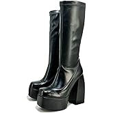 VOMIRA Ankle Boots for Women Chunky High Heel Sqaure Toe Side Zipper Pu Leather Stretch Boots Platform GoGo boots