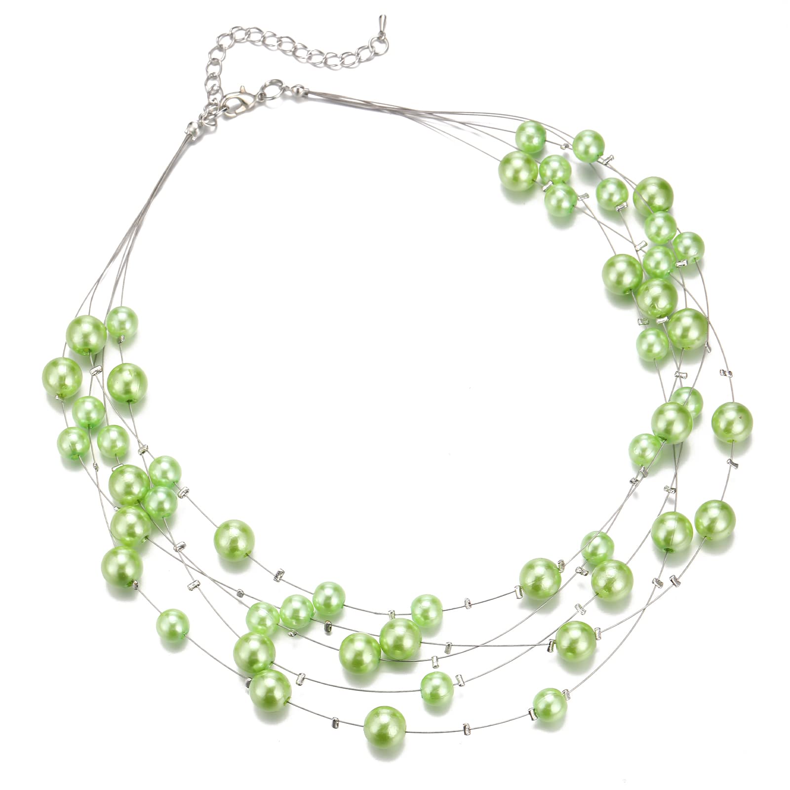 FULU AUTUMN Layered Pearl Necklace Beaded Silver Choker Handmade Boho Statement Costume Necklaces Fashion Jewellery Gifts for Women(Fruit green) — image 1