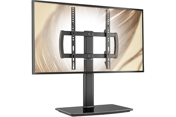 Universal Swivel/Table Top TV Stand 27 to 60 inch TVs 80 Degree Swivel, 4 Level Height Adjustable, Heavy Duty Tempered Glass