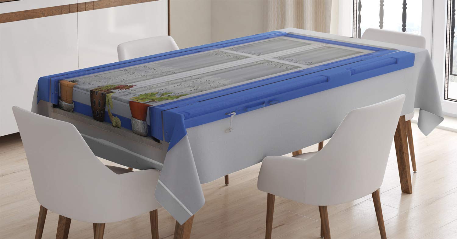 ABAKUHAUS Country Tablecloth, Typical Greek Style Wooden Window Shutters with Flowers Mediterranean Life, ining Room Kitchen Rectangular Table Cover, 54 W X 66 L, White Turquoise