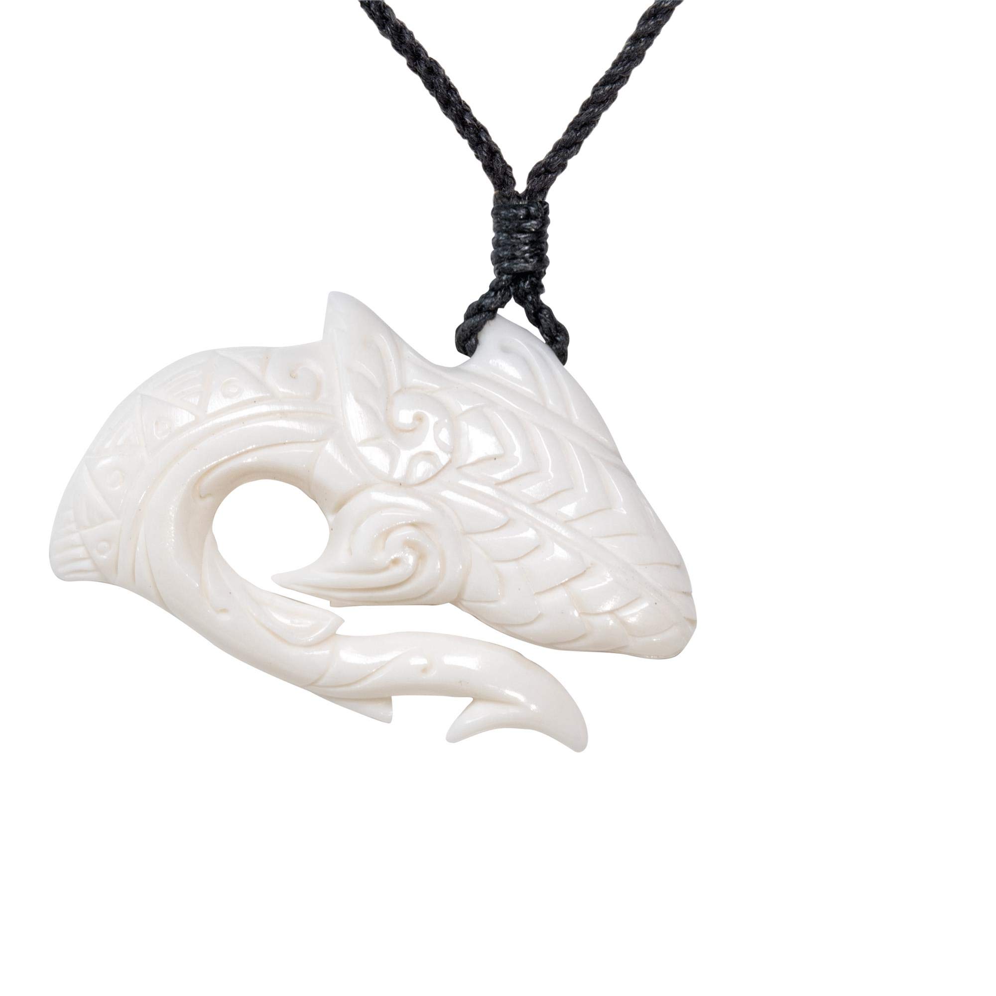 81stgeneration Hand-Carved Bone Large Shark HEI Matau Pendant - Men's Surfer Accessories - Handmade Tribal Fish Hook Cord Necklace - Maori-Style Amulet - Natural Boho Jewellery for Women