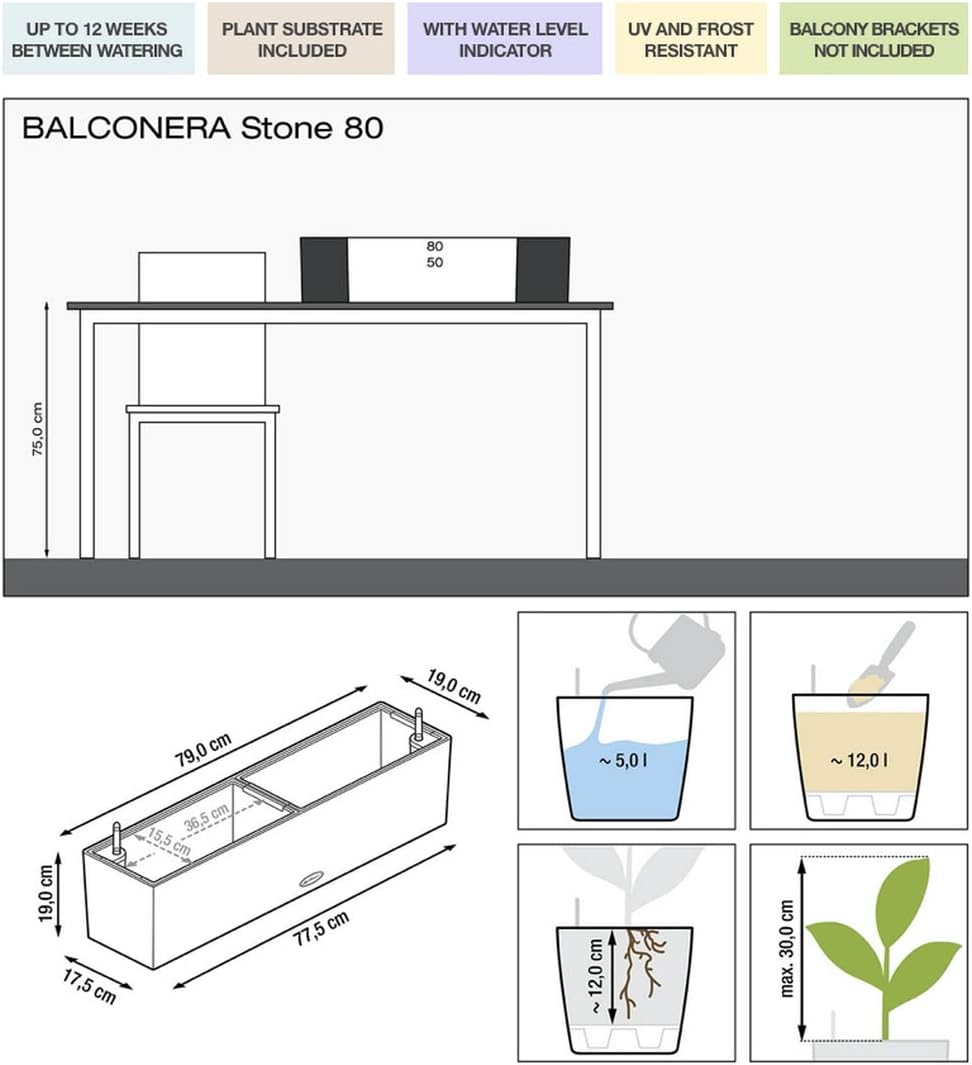 Lechuza BALCONERA Stone 80 Self Watering Planter Plastic Indoor/Outdoor Flower Plant Pot Table and Window Box with Drainage Hole H19 L79 W19 cm Graphite Black - Image 3