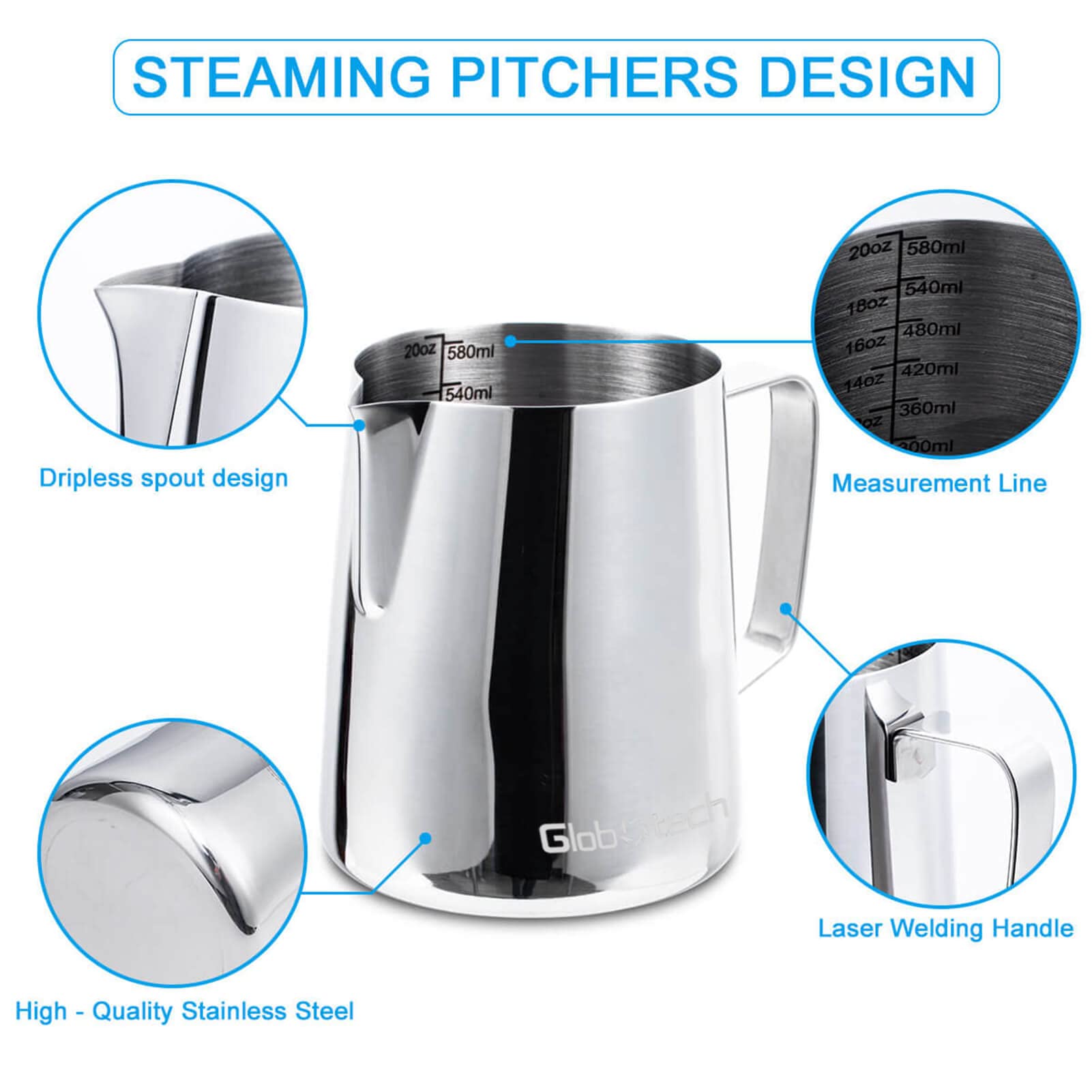 Stainless Steel Milk Frother Cup - Espresso Steaming Pitchers Coffee Foam Making Pitcher Latte Art Froth Cup Steaming Jug Cappuccino Hot Chocolate 20 Oz (600ml)