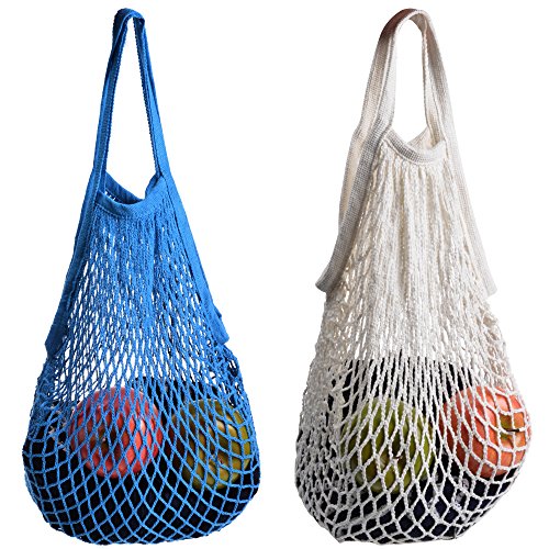 STONCEL Cotton Net Shopping Tote, Reusable Grocery Mesh Produce Bag, Washable Market Beach Toy String Rope Storage Bags (1blue1white)