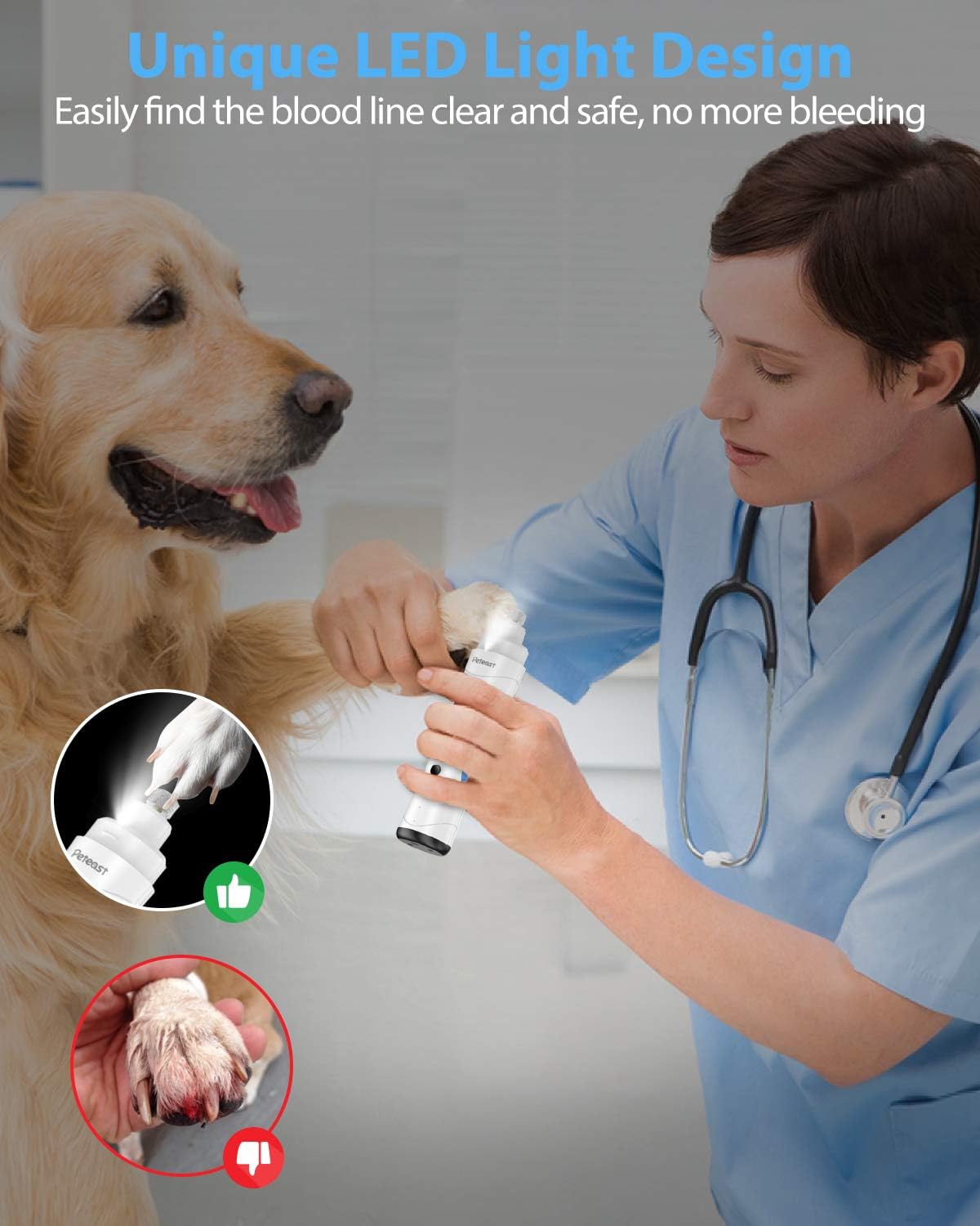Peteast Dog Nail Grinder, Upgraded LED Lighting 2-Speed Nail Clippers USB Powerful Electric Nail Trimmer Paws Grooming Trimming for S/M/L Dogs Pets, 2 Grinding Wheels & Storage Bag