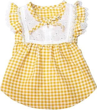 Amazon Cici犬服 ペット洋服 春夏 ドレス ワンピース 可愛い チェック柄 スカート お姫様 ペット用服 ドッグウェア チワワ 誕生日 コスチューム ワンちゃん 仮装 お散歩 お出掛け パーティー 記念撮影 メイド服 女の子 ファッション イエロー ｘｘｓ Cici