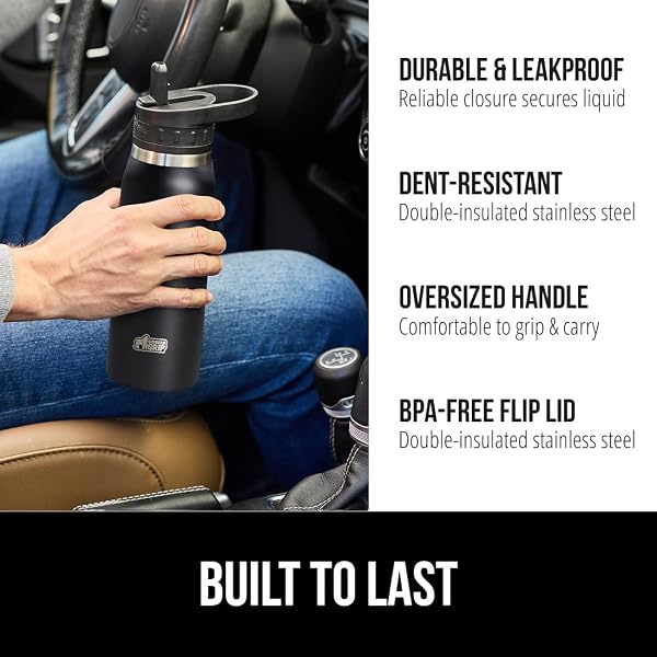 GORILLA GRIP HEAVY DUTY INSULATED WATER BOTTLE, 40 OZ, LEAKPROOF FLIP STRAW, STAINLESS STEEL WALL KEEPS DRINK COLD UP TO 8 HOURS, DENT RESISTANT TUMBLER, BPA-FREE TRAVEL BOTTLES, DISHWASHER SAFE BLACK