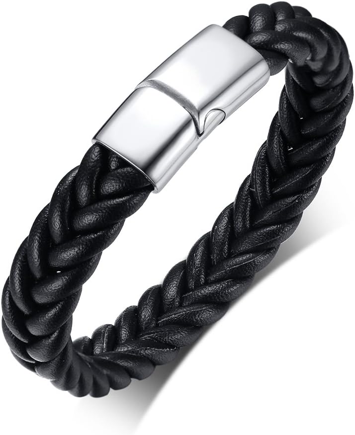 VNOX Men's Stainless Steel Personalised Braided Microfiber Leather Wrist Strap Bracelet Bangle Customized Engraving Silver,21.5cm