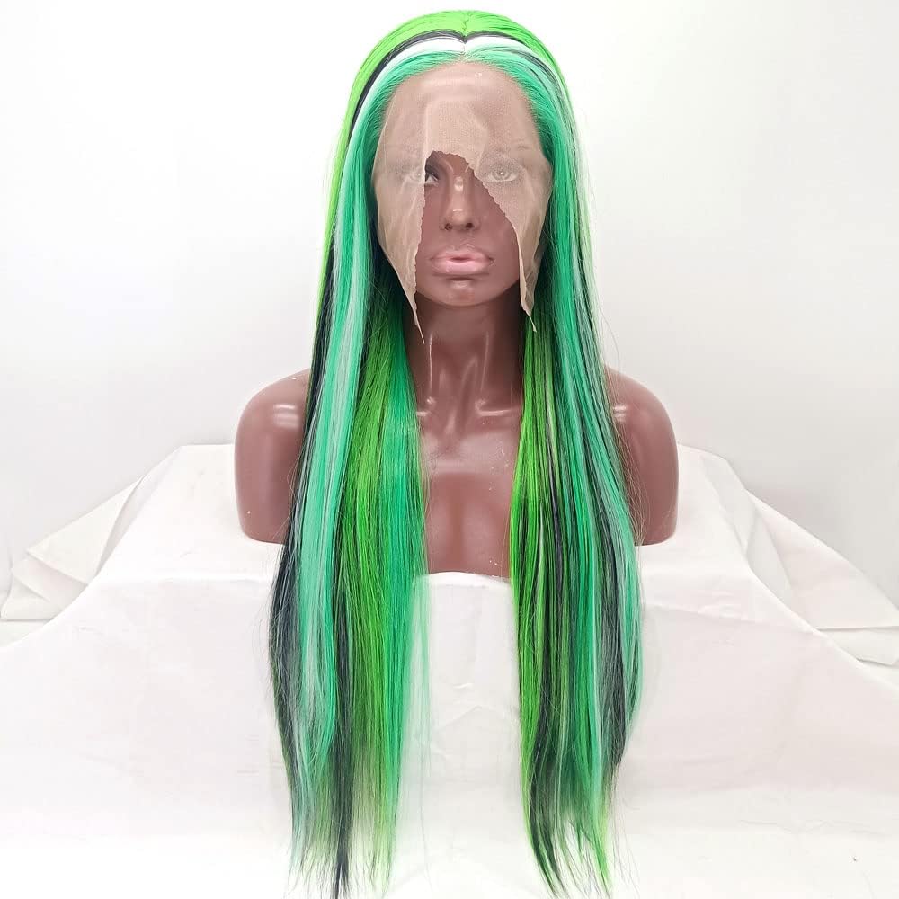 Xiweiya Green mixed Black Blonde Lace Front Wig Synthetic Multi-color 13x3 Lace Front Wig Long Straight Glueless Wig Side Part Wigs Heat Resistant Fiber for Women 24inch