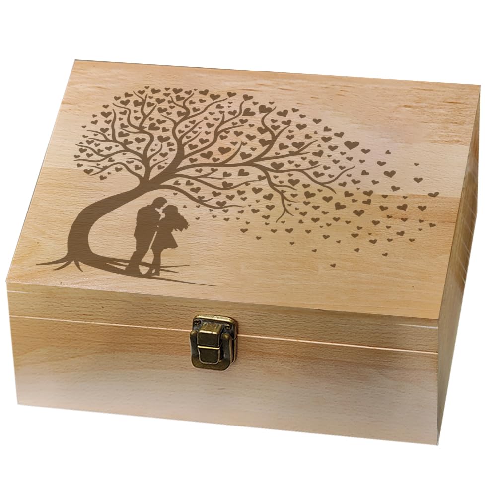 Arricraft Wooden Memory Keepsake Box, Love Theme Couple Tree Box with Lid Lock Storage for Photo Letter Wedding Valentine, 7.6x9.6x4inch(19.5x24.5x10.3cm)